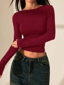 Camiseta de mujer con espalda al descubierto y costuras de encaje.Vestimenta sexy adecuada para citas en verano. - Burdeos - Ver 5