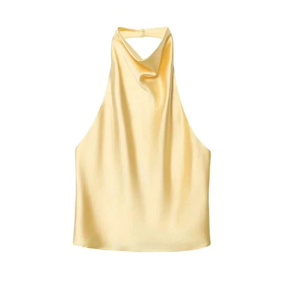 MUJER-Tops con cuello Halter para mujer, Top corto de satén con espalda descubierta, Tops de playa con hombros descubiertos para mujer, camisola Sexy, Top sin mangas para mujer - Amarillo - Ver 1