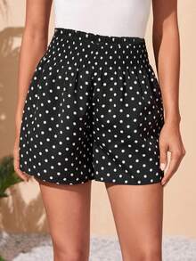 Pantalones cortos informales para mujer, pantalones cortos negros con cintura elástica y cintura alta con lunares, pantalones cortos holgados y elegantes, pantalones cortos para vacaciones de primavera y verano - Negro - Ver 4
