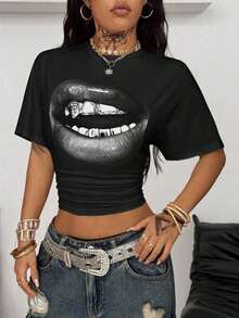 Camiseta corta de mujer con hombros caídos y rayas - Multicolor 7 - Ver 5
