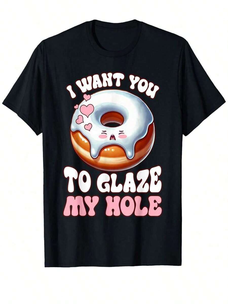 Funny T-Shirt With A Glass Donut Print And The Phrase 'I Want You To Be Embarrassed', Adult Humor, 100% Cotton, Short Sleeve, Classic Style, Loose Fit, Printed Graphic T-Shirt, Casual Short Sleeve Top For Women. - 黑 - 查看 1