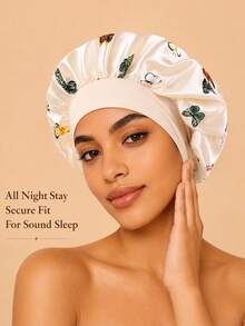 Topi Tidur Satin Satu Lapis Motif Kupu-kupu Terbaru, Topi Tidur dengan Karet Elastis Longgar, Topi Tidur Pelindung Rambut Lembut dan Ringan, Cocok untuk Pemakaian Sehari-hari di Rumah, Warna Krem - Krem - View 2
