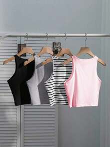 Conjunto de 4 piezas para mujer: Camiseta sin mangas a rayas en blanco y negro, cereza casual para vacaciones, versátil y sexy para el verano y el regreso a la escuela - Multicolor 5 - Ver 2