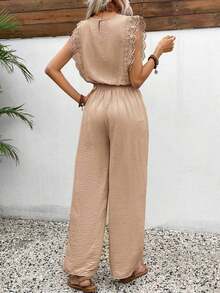 Conjunto de 2 piezas de blusa con ribete de encaje de unicolor y pantalones de pierna ancha para mujer, casual para vacaciones y viajes, primavera/verano - Caqui - Ver 2
