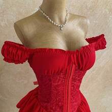 WYWH Women's Romantic Vacation Dress, Red Jacquard Texture Ruched Waist Splice Ruffle Strap Shoulder Strap Multi-Layer Ruffle Hem A-Line Chiffon Mini Dress, Casual, Date, Valentine's Day, Afternoon Tea, Beach, Cruise, City Vacation, Music Festival, Party, Boho, Hippie, Western, Daily Commute, Valentine's Day Red Dress,Summer Dresses For Women,Music Festival Outfits, Everyday Outfits, Wedding Season Outfits, Party Outfits, Carnival Outfits, Island Vacation Outfits. Black Corset Tops For Wom - Negro - Ver 4