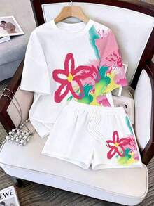informal de 2 piezas de camiseta de manga corta con cuello redondo y estampado de letras, y shorts para mujer - Blanco 2 - Ver 4