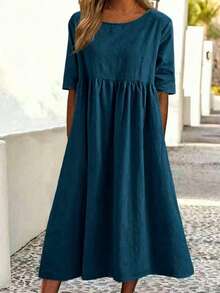 Women's Solid Color Casual Cute Ruffle Hem Mid-Length Dress Elegant Summer - Lake Blue - View 1