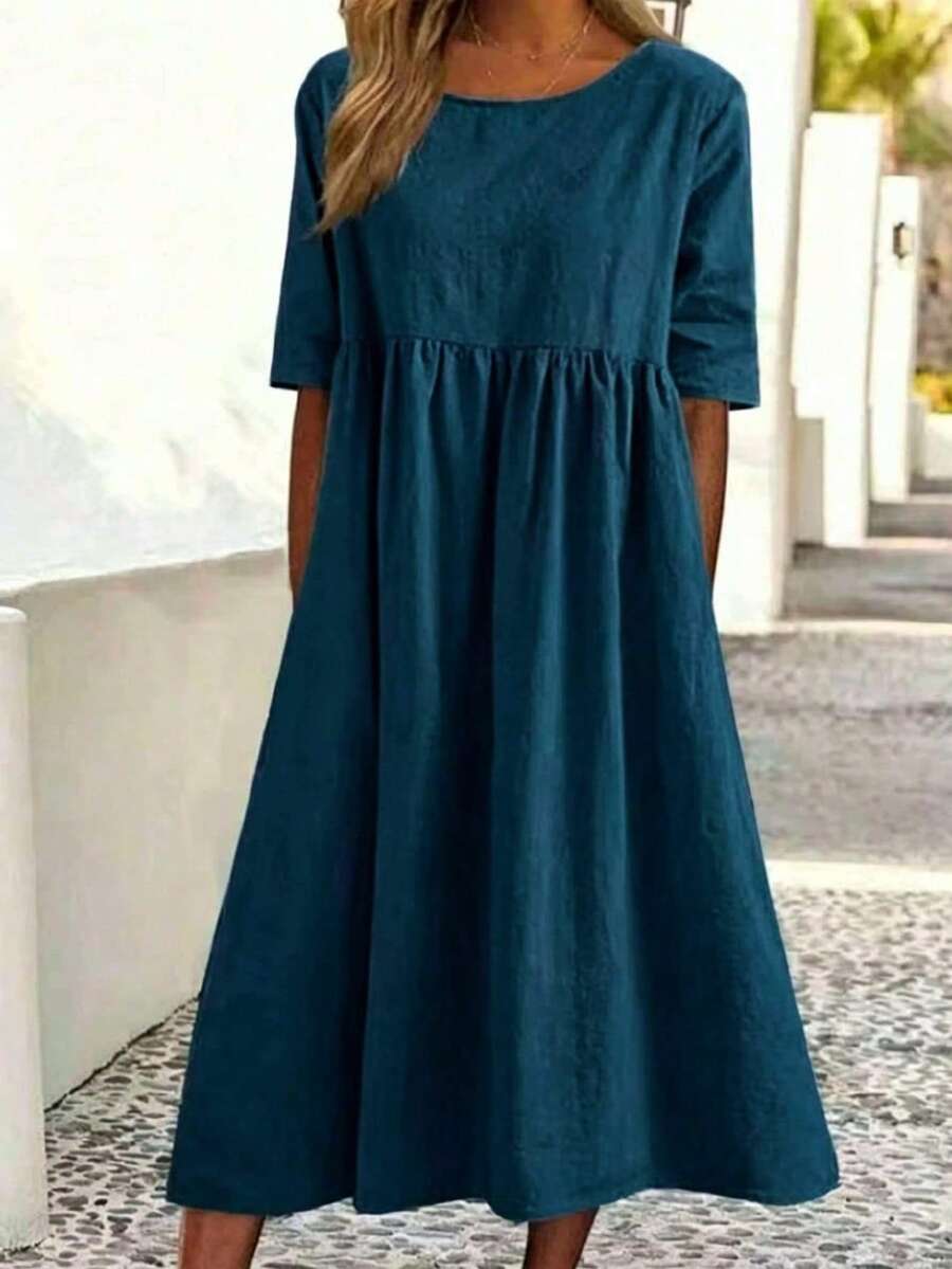 Women's Solid Color Casual Cute Ruffle Hem Mid-Length Dress Elegant Summer - Lake Blue - View 1