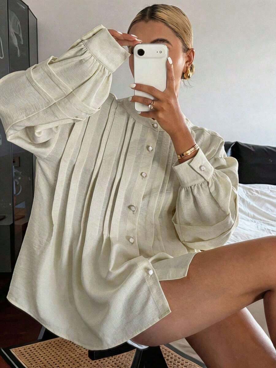 Blusa amarilla holgada con cuello redondo y plisados para mujer - Gris Claro - Ver 1