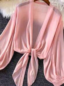 de punto con mangas farol y lazada delantera para mujer, prenda ligera de verano - Rosa - Ver 2