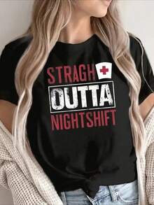 PAYEAH 1 Piece 100% Cotton Nurse Comfit T-Shirt - Funny Night Shift Graphic Tee For Women, Relaxed Fit Soft Fabric, Humorous Straight Out Night Shift Design, 220 Gram Heavy Cotton T-Shirt - Vintage Street Style Unisex Loose Cotton Short Sleeve Crew Neck T-Shirt, 100% Pure Cotton - 黑色 - 查看 7