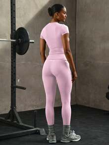 PinkTip Shapewear Set - Solid Color Sports Top And High Waist Leggings, Suitable For Yoga And Running - Pink - View 7