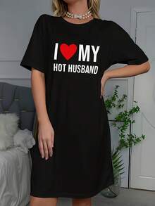 I Love My Women's Short-Sleeved, Round-Neck T-Shirt Nightgown With A "I Love My Handsome Husband" Slogan Print - Casual Sleepwear, Washable. A Very Distinctive Printed T-Shirt / Unisex Style / Suitable For Both Men And Women / Wrinkle-Resistant / Breathable - 黑色 - 查看 4