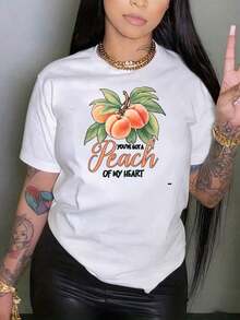 Camiseta Casual de Cuello Redondo con Estampado Divertido de Melocotón, Camiseta Gráfica de Fruta "Peach Of My Heart" para Mujer, Top Casual de Manga Corta, Camiseta de Diseño de Melocotón Linda y a la Moda para el Verano, Ideal para Regalos de Vacaciones, 100% Algodón, Duradera. - Blanco - Ver 7