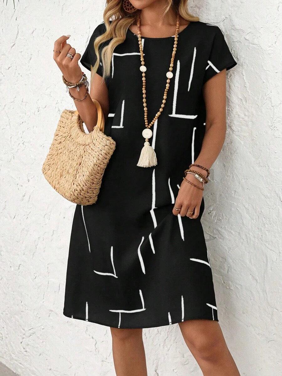 Women's Casual Summer Dress With All-Over Print, Round Neck, And Batwing Sleeves. Summer Dresses For Women, Shirt Dresses For Women - 黑色 - 查看 1