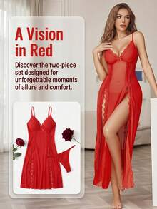 2-Piece Sexy Lingerie Sleepwear Set For Women – Includes Lace V-Neck Chemise Nightdress And Matching Panties, Sheer Mesh Nightwear With Side Split, Enhances Feminine Charm, Perfect For Daily Wear, Romantic Nights - Đỏ - Xem 3