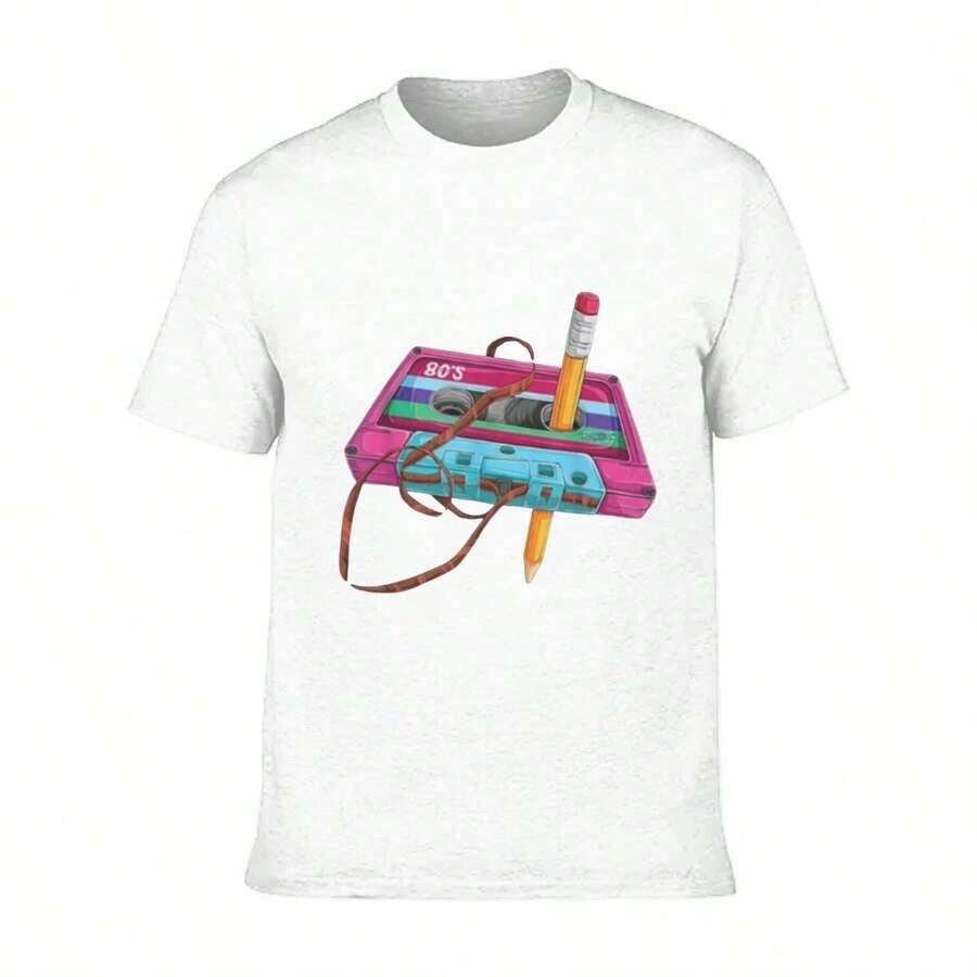 Y2k, Women's Summer Tops, Retro 80s Graphic T-Shirt With Audio Cassette Pattern, Print Design For Music Festival, Round Neck, Short Sleeves, Cotton T-Shirt, Casual Top For Spring, Summer And Holidays, Streetwear, Cotton T-Shirt, Camiseta Mujer Manga Corta. - White - View 1