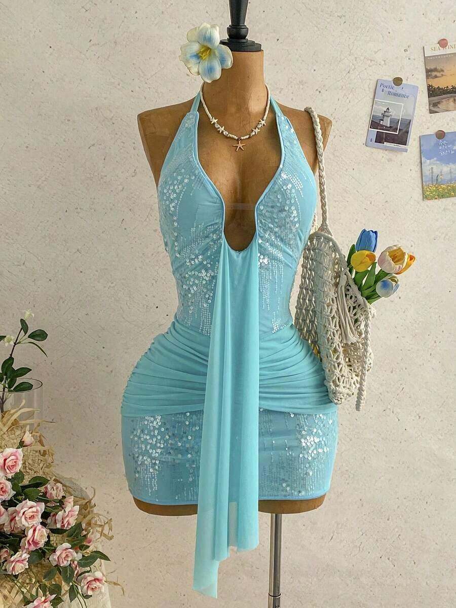 Vestido mini con estampado floral, diseño de lazo y escote halter, para vacaciones - Azul - Ver 1