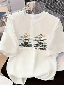 Short-Sleeve T-Shirt With Maritime Adventure Theme, Fashionable Short-Sleeve T-Shirt For Spring And Summer 2026, Made In Mexico, 180 Grams. Cartoon Print, Couple Design, Suitable For Indoor Or Outdoor Wear. Crew Neck, Unisex, Ideal For Office And Leisure. One-Piece Pack. - WH-P631577SLNDXZGY526 - 查看 2