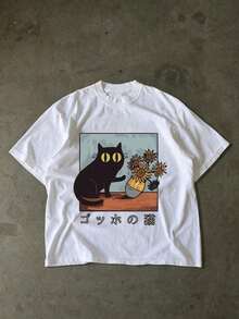 Men's Crew Neck Printed T-Shirt With A Black Cat And Sunflower Anime-Style Design. Comfortably Soft For Everyday Wear. 100% Cotton, 220 Gsm. Fashionable Everyday Essentials And Festive Gifts. Unisex. - 白色的 - 查看 1