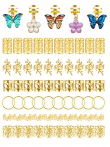 Juego de 65 piezas de anillos para el cabello con mariposas y camelias de colores - Elegantes puños para el cabello, joyería para el cabello estilo bohemio para trenzas y rastas de mujeres, clips para el cabello, pinzas de garra - Dorado - Ver 6