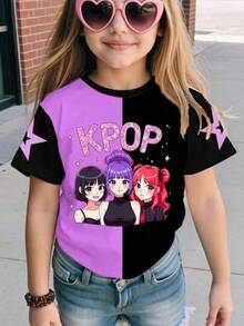 Girls' T-Shirts? (Only Available For The Short-Sleeved T-Shirt Shown In The Image) Basic Short-Sleeved T-Shirt For Girls, Comfortable For Everyday Use, With A Star Print And Graphic Letters In Black With A Purple Patchwork Design, Casual, Modern, Creative, Personalized, Refreshing And Minimalist Style, Ideal For Spring, Summer And Autumn. - 黑色 - 查看 6