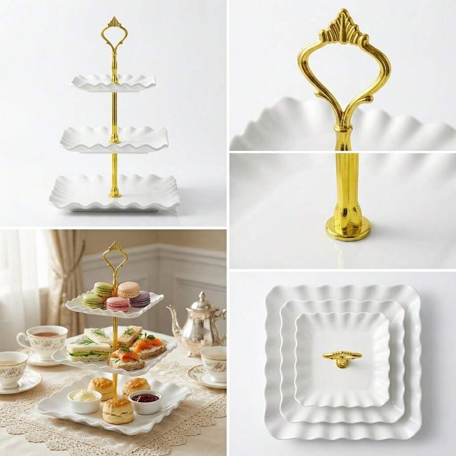 Juego de 10 rejillas para tartas, que incluye 3 rejillas para cupcakes de doble capa + 3 rejillas para cupcakes de triple capa + 4 bandejas para aperitivos, adecuadas para decoración de mesas de fiestas y fiestas navideñas, celebración de Año Nuevo - Soporte para pasteles blanco de tres niveles - Ver 1