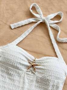 Mono de textura de unicolor con lazo de atar en el cuello para vacaciones, para fiesta en la playa - Blanco - Ver 7