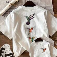 [Front And Back Images] Casual Short Sleeve Crew Neck T-Shirt With Hand-Drawn Hummingbird Print - 白色 - 查看 8