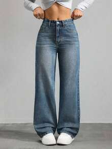 Jeans de mezclilla de unicolor minimalista para uso diario de mujer - Azul lavado oscuro 4 - Ver 8