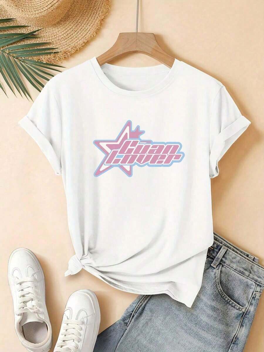 New Women's Short Sleeve T-Shirt With Star Print And "Luau Lover" Phrase Design, Elegant And Beautiful Casual T-Shirt - 白色 - 查看 1