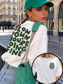 Camiseta de manga corta holgada con estampado gráfico de doble cara para mujer, estilo casual, cómoda y versátil, con cuello redondo, color blanco, para verano. - Blanco - Ver 3