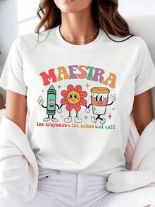 Camiseta de manga corta de cuello redondo y corte holgado 100% algodón para mujer, top informal de uso diario en verano. Camiseta vintage para maestras - "Maestra" - Ropa de educadora española con gráficos de crayones, flores y tazas de café - Top informal ligero para maestras y personal - Atuendo diario de primavera/verano - Camiseta blanca con diseño colorido, camisetas para maestras, ropa para personal, camiseta con estampado divertido, ajuste cómodo, moda de primavera, diseño retro, material transpirable, camiseta de manga corta, atuendo para educadores. Camiseta de manga corta de algodón puro, cuello redondo, corte holgado, top básico informal suave y transpirable. - Blanco - Ver 7