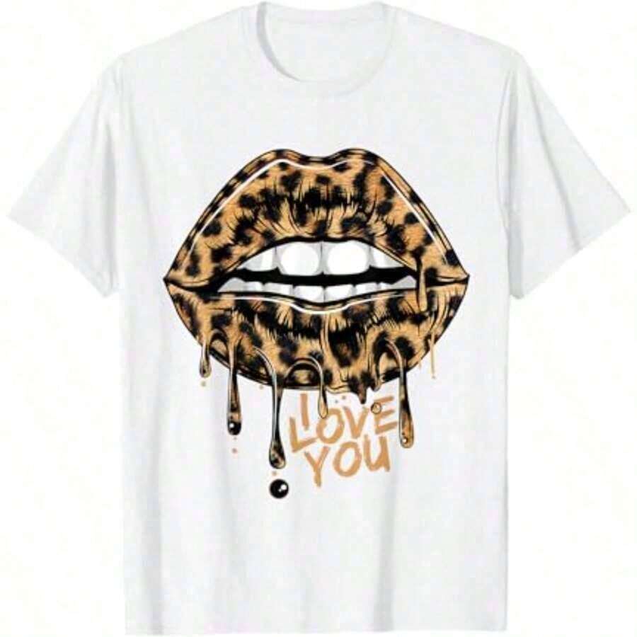1 pieza Camiseta de Mujer con Estampado de Labios con Efecto Goteante y Diseño de Leopardo/Guepardo, Camiseta Diaria para Mujer y Niña, 180g 100% Algodón - Blanco - Ver 1