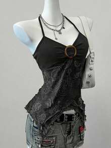 Blusa casual de mujer con cuello de corbata y estampado de anacardo, versátil para uso diario - Negro - Ver 6