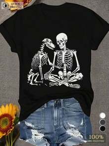 Camiseta estampada de secado rápido con cuello redondo y manga corta de algodón negro de 180 g para mujer con diseño de esqueleto y perro, camiseta informal con gráfico de verano, elegante top de moda para mujer, ropa cómoda para el día a día, tela transpirable, perfecta para Halloween o temática gótica, ropa moderna para una apariencia única, combina con jeans o faldas, material suave y duradero, ideal para amantes de los perros - Negro - Ver 9