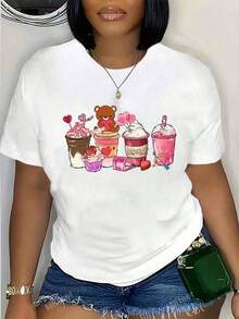 Women's Casual T-Shirt With Bear Cupcake And XOXO Heart Print, Round Neck, Summer Casual Top, Gift For Her, 220g, Long Sleeve - 白色 - 查看 6