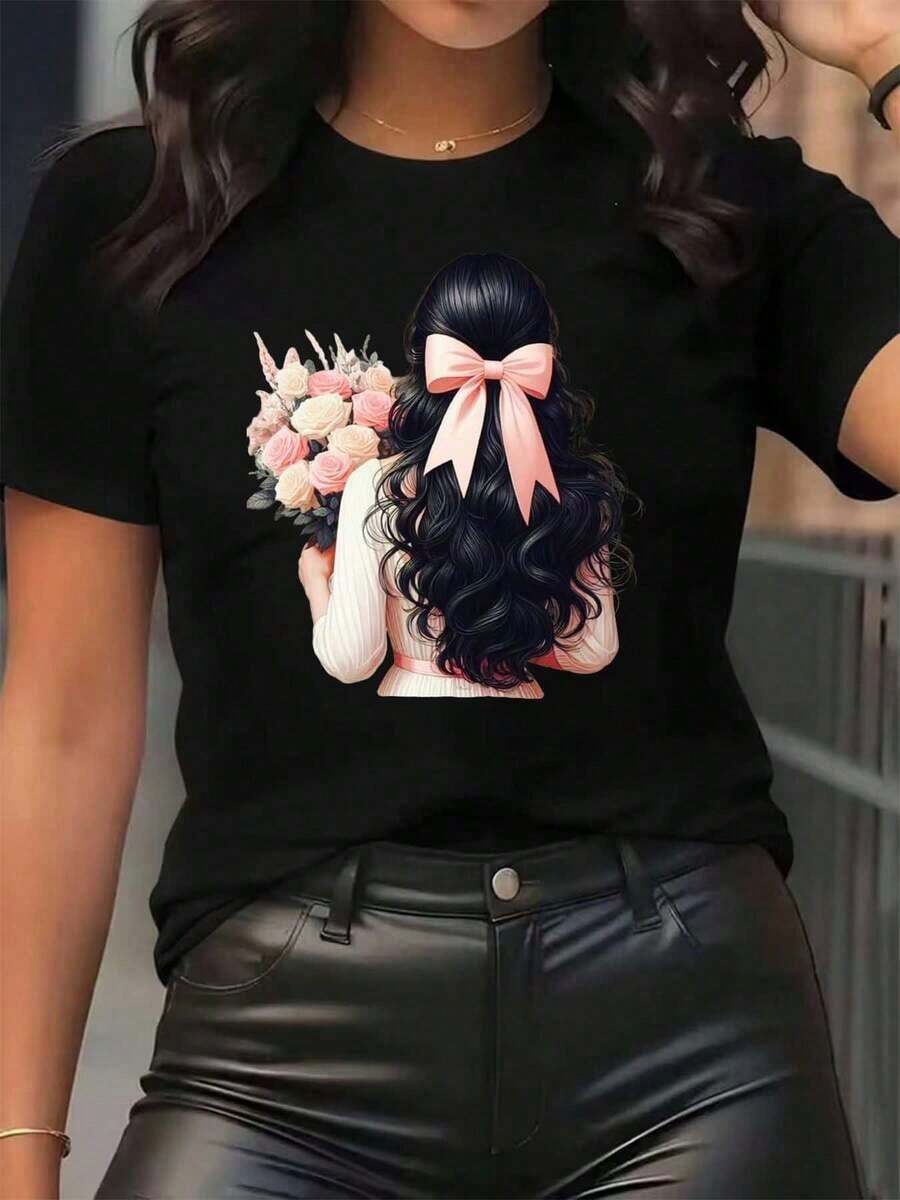 New Arrivals For Summer. Women's T-Shirt With A Girl Print Featuring A Pink Bow And A Bouquet Of Flowers, Round Neck, Casual Everyday Wear, Soft And Comfortable, Festive Style. Blouse, Shirt > Beautiful. - 黑色 - 查看 1