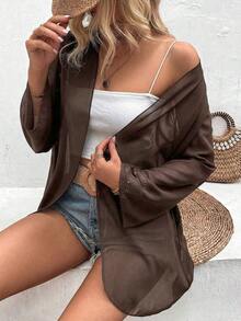 Chaqueta ligera y transparente de manga acampanada de unicolor casual de vacaciones EARO para primavera - Café integral - Ver 5