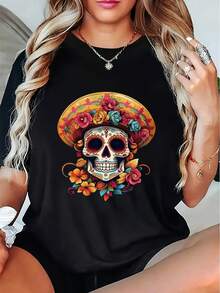 Women's T-Shirt, Mexican Day Of The Dead T-Shirt, With Candy Skull And Mexican Hat Prints, With A Sunflower Floral Design, Short Sleeve And Round Neck T-Shirt, Lightweight And Durable, Suitable For Cinco De Mayo Theme Parties And With Fun Seasonal Prints, Short Sleeve T-Shirt For Women With Quality Print And Durability, Seasonal Clothing For Women. - 黑色 - 查看 7