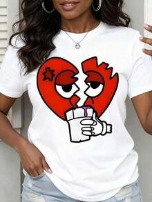 Women's Valentine's Day Crew Neck T-Shirt With Broken Heart Couple Print Drinking A Smoothie, Casual Summer Style - Urban Vintage Style, Unisex, Loose Cotton, Short Sleeve, Crew Neck. - 白色 - 查看 6
