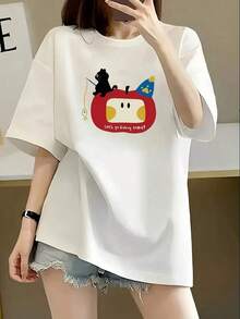 Women's Cotton T-Shirt With Cat And Apple Print, Round Neck, Short Sleeves - Casual Spring/Summer Top, Machine Washable,  And Fun Design, Comfortable Style, Women's T-Shirt, Ladies' Top. Best Selling Item. Women's T-Shirt, Women's Shirts. Limited Time Offer. Comfortable And Breathable. 88XDspaciousspacious - 白色的 - 查看 7