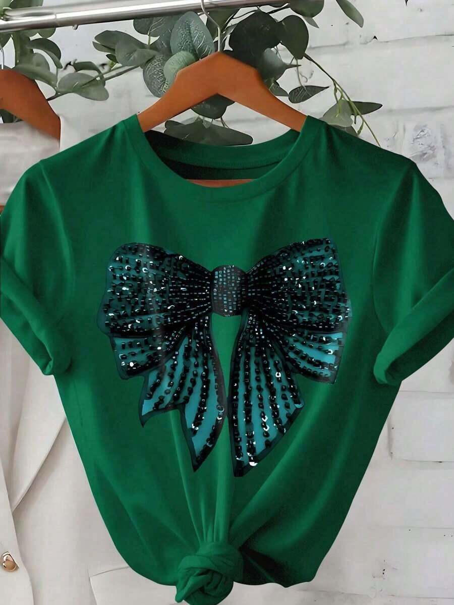DrmWander Women's Casual Short Sleeve T-Shirt, Apricot Color, Round Neck, With Geometric Butterfly And Heart Design - 綠色 2 - 查看 1