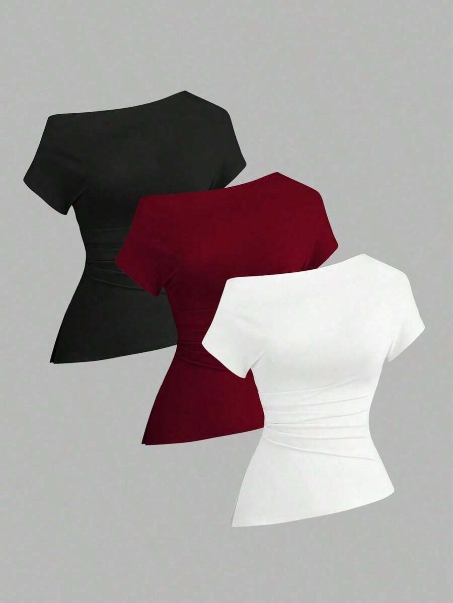 Camiseta casual asimétrica de hombro para mujer - Multicolor - Ver 1