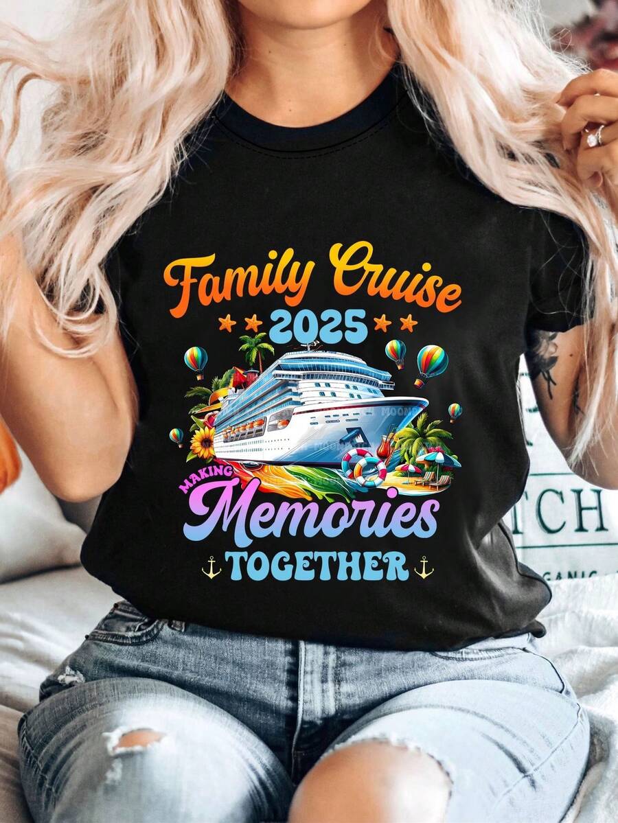 Women's Short-Sleeved Crew Neck T-Shirt With "Family Cruise 51.43meter" Graphic Print, Casual Polyester Top, Regular Fit, Fashionable T-Shirt For All Seasons. - 黑色 - 查看 1
