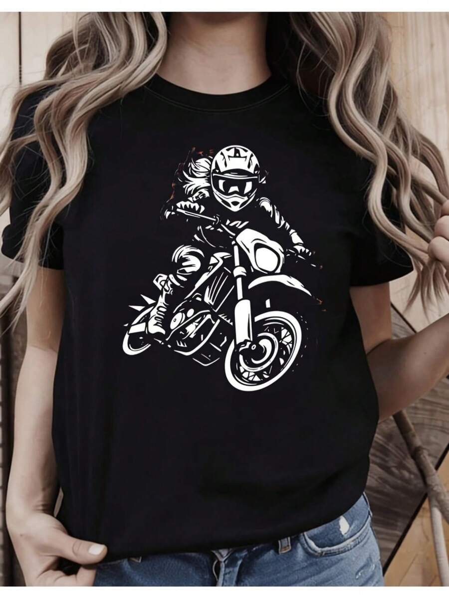 Women's Black Short-Sleeved T-Shirt With Biker Design, Soft And Stretchy, Round Neck, Casual Design, Cool And Breathable, With A Striking And Modern Style, Ideal For Casual Daily Wear, Comfortable And Relaxed. - 黑色 - 查看 1