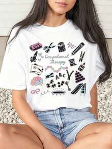 1 Piece Women's T-Shirt With Occupational Therapy Icon And Text Print, Casual For Daily Wear, Round Neck, Short Sleeve, Soft And Comfortable, 220 G/M², 180 G, 100% Cotton - 白色 - 查看 6