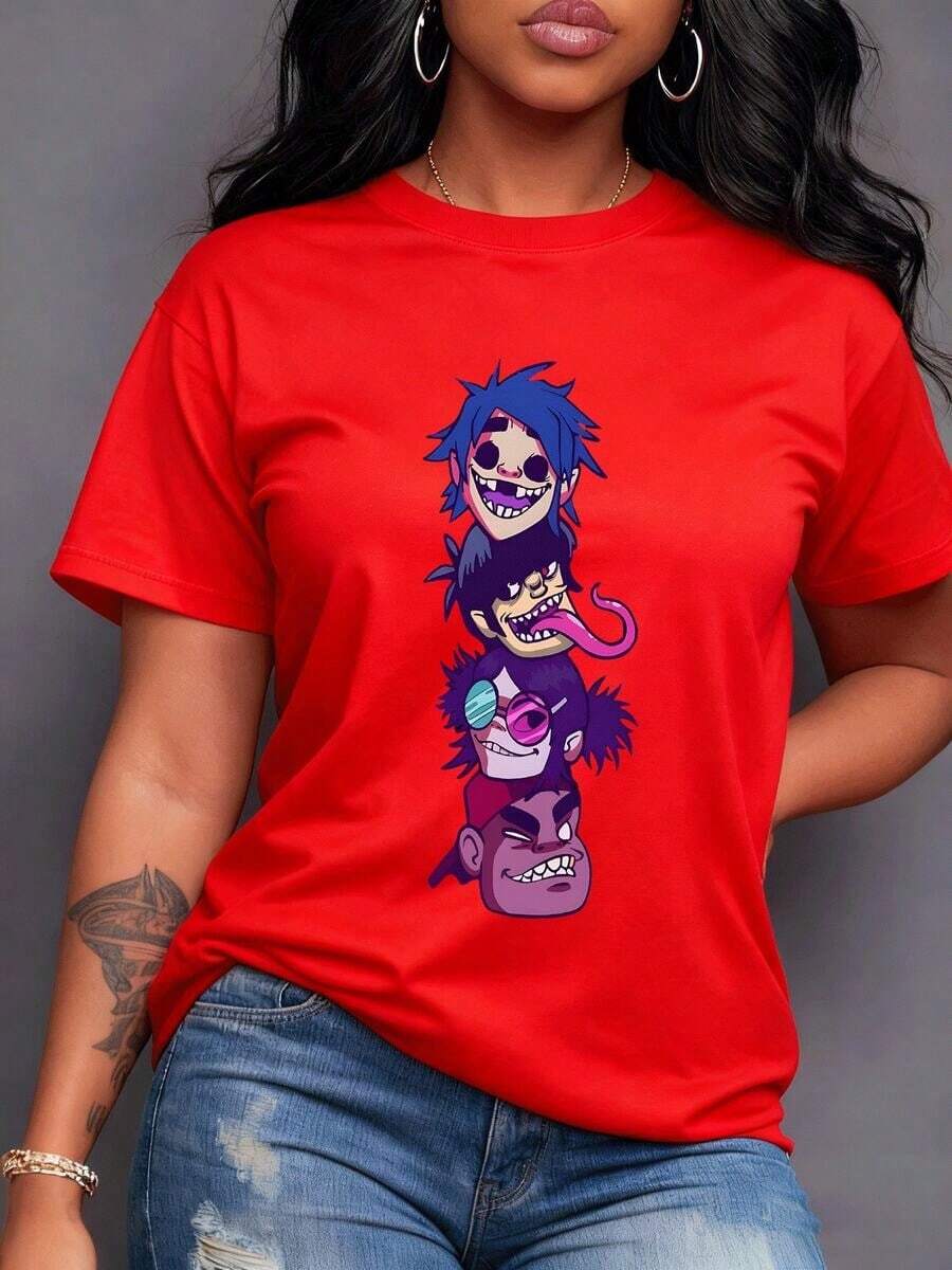 Stack Of Four Animated Characters With Expressive Faces, Blue Hair, Irregular Teeth, Extended Tongue, Colorful Glasses, And A Red Cap Reflects Urban Art And Modern Pop Music. Women's T-Shirt, 100% Cotton, Casual Short Sleeve. - 紅色 - 查看 1