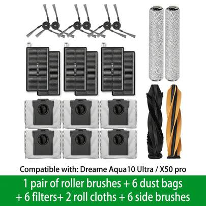 适用于 DreameAqua10 Ultra Roller/X50 Pro 扫地机器人的配件：主刷、过滤器、拖布、集尘袋、边刷