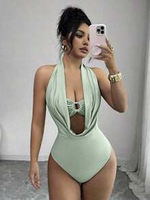 Body de mujer de unicolor con cuello drapeado y recortes huecos - verde menta - Ver 6